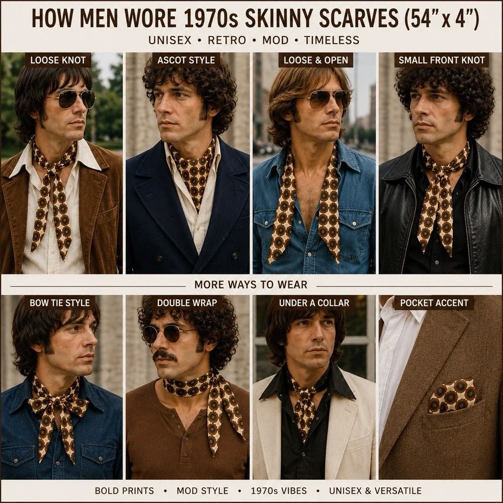 Vintage 70s Skinny Scarf 54x4 Brown Cream Geometric Mod Print Neck Tie Retro